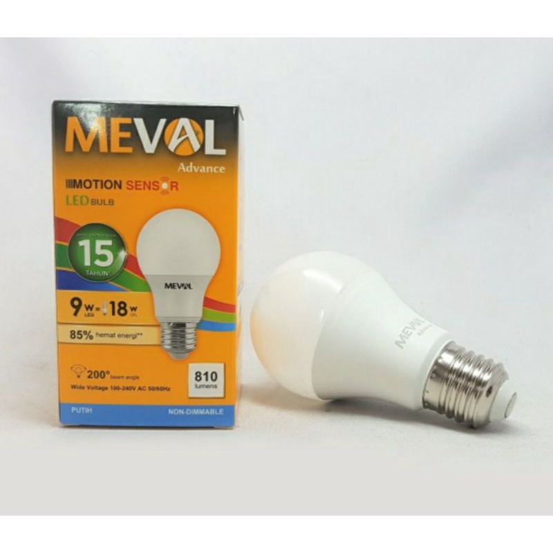 Meval Led Bulb bohlam Motion Sensor gerak 9w Putih. 9watt