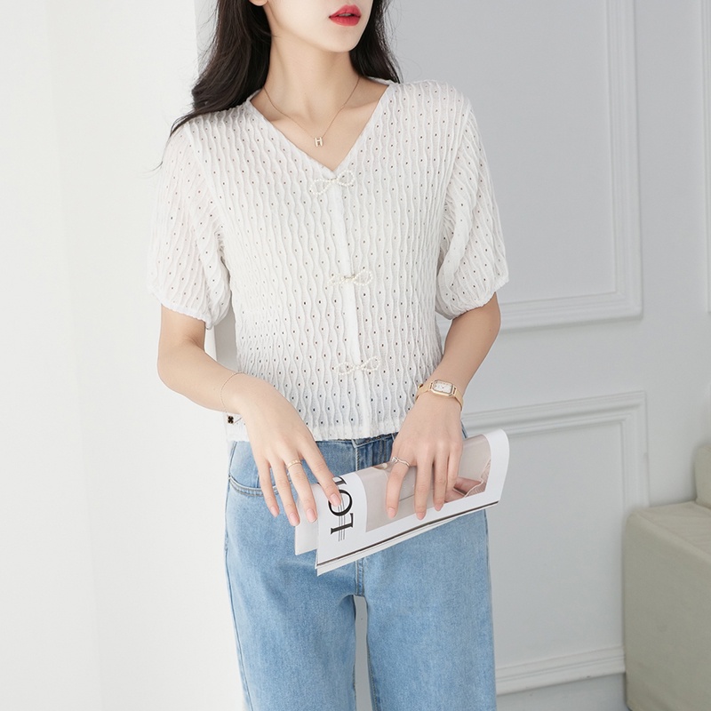 【Elegant】Soft Knitted Solid Faux Pearl Decor V-Neck  T-Shirt  7378