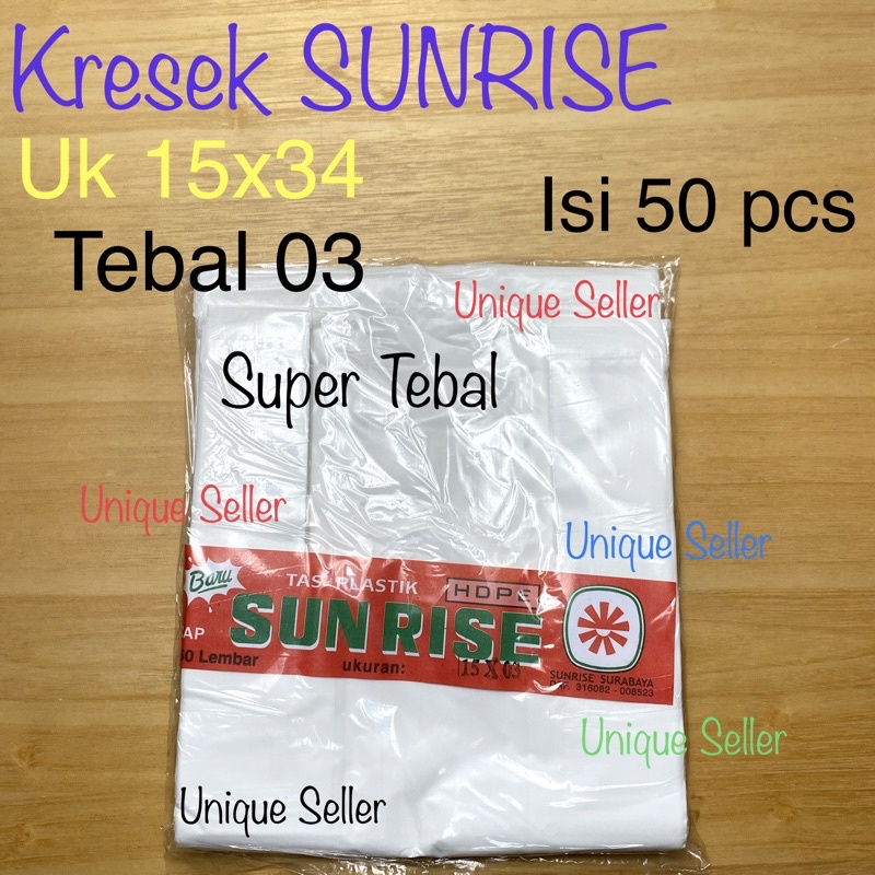Kresek Sunrise 15x34 Tebal 03 isi 50 pcs / Kresek Uk 15 / Kresek Sunrise Putih 15x34 x 03 / Kantong Plastik Sunrise / Kresek Tebal Putih 15x34x03 / Kresek HD Sunrise 15 x 34 / Kantong Plastik 15 Tebal 03 / Kantong Kresek Sunrise Uk 15