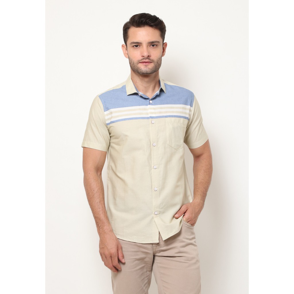 GTS Kemeja Pria Salur Stripe Pendek Warna Kuning 1637