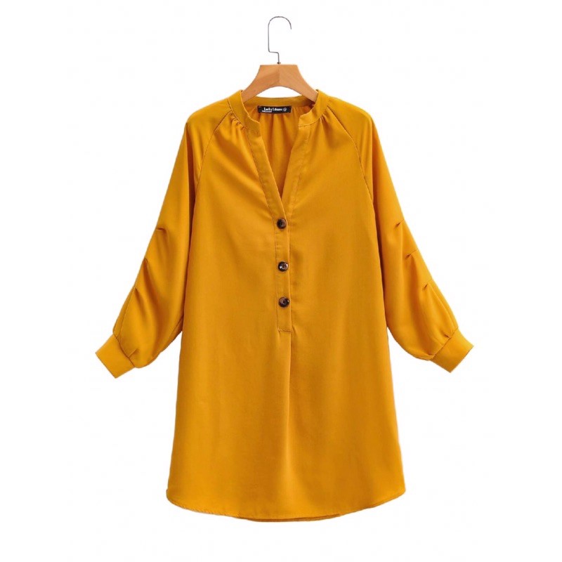 Midi Dress Polos Lengan Panjang Kuning Hijau Vintage Basic Dress Korea Yellow V Neck