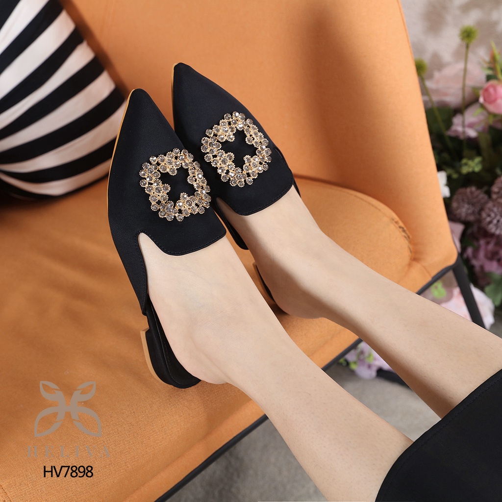 HELIVA HAEDA Sepatu Mules Jewel Low Heels 1,5cm Flat Teplek Bahan Satin HV7898 Original Brand