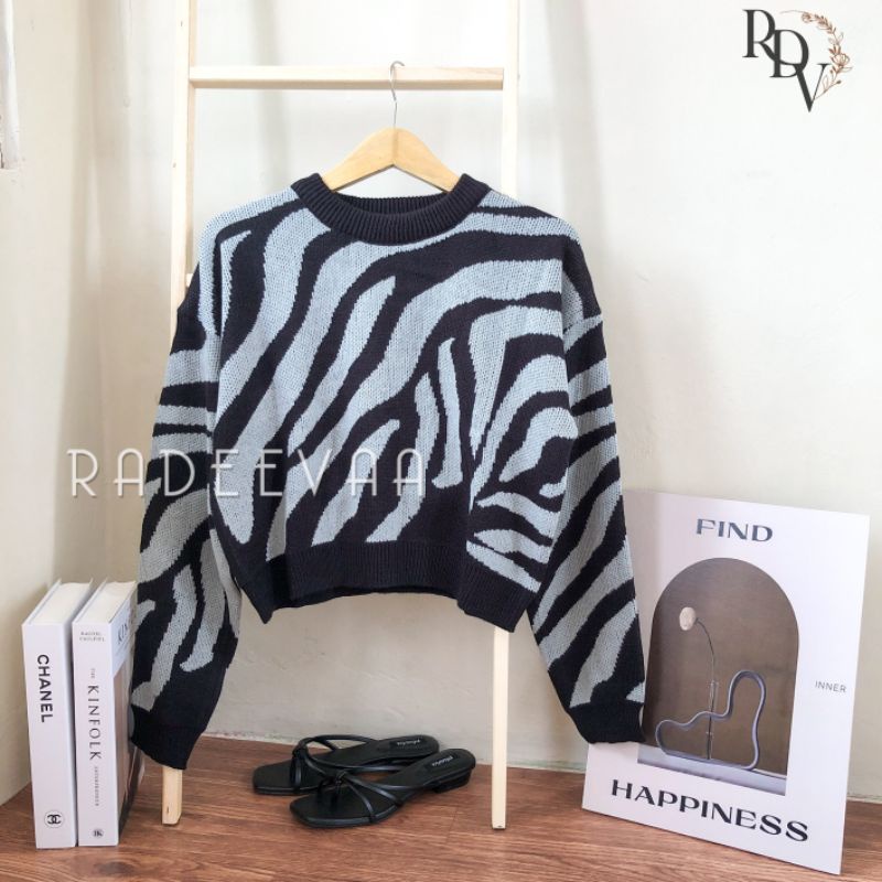 SWEATER RAJUT MOTIF ZEBRA KNIT OVERSIZE ZIVY ATASAN KOREA