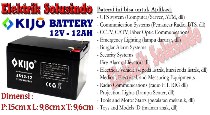 BATERAI UPS / AKI KERING KIJO 12V 12AH - AKI UPS / SEPEDA LISTRIK