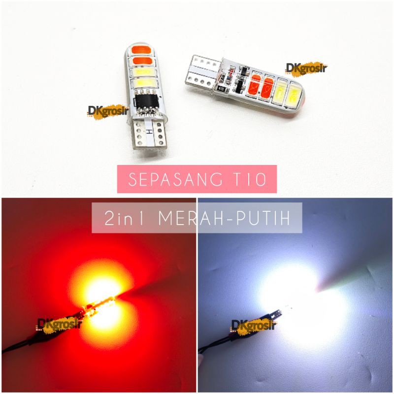 2Buah Lampu LED T10 Jelly 2 Warna Senja Sein Sen Mode Kedip-kedip-Merah-Putih