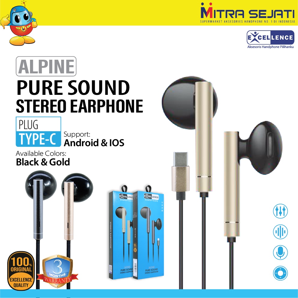 Handsfree Excellence Stereo Alpine Plug Type C Earphone Headset Headphone
