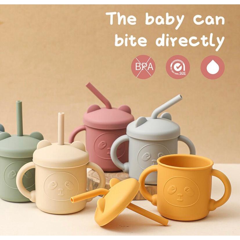 Premium Gelas Minum Bayi Plus Sedotan Silikon Anti Pecah Cup Set With Straw and Lid Training Cup Silicone