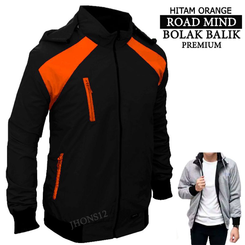 JAKET BOLAK BALIK 2IN1 ROAD MIND PREMIUM LIMITED JAKET PARASUT JAKET MOTOR PRIA WANITA ML XL XXL-RO HITAM ORANGE