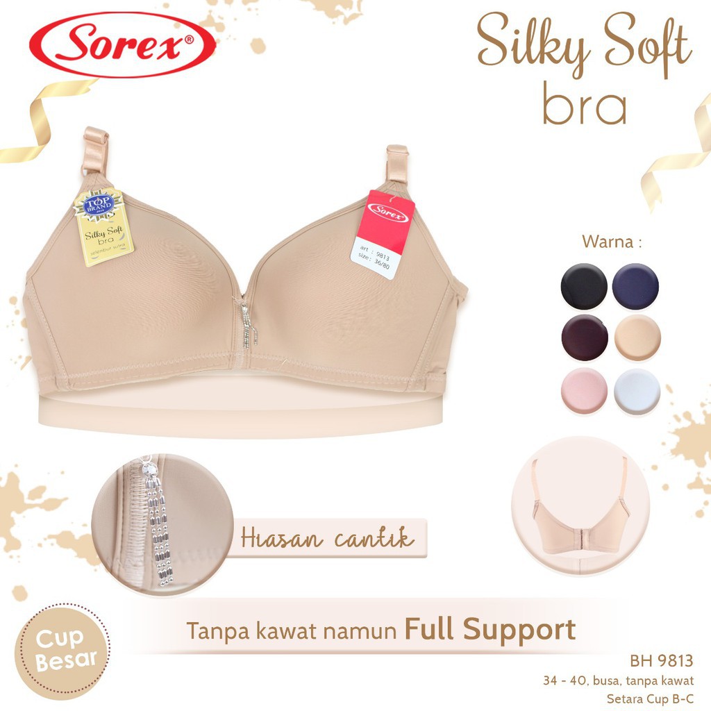 Bra Sorex 9813 Cup Besar | BH Busa Tanpa Kawat Silky Soft Kait Ornament mini Kancing 3 - Bwr