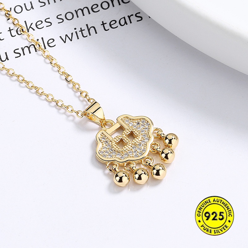 Kalung Rantai Klavikula S925 Silver Gold Plated 18K Hias Liontin Gembok Hati Berlian Untuk Wanita