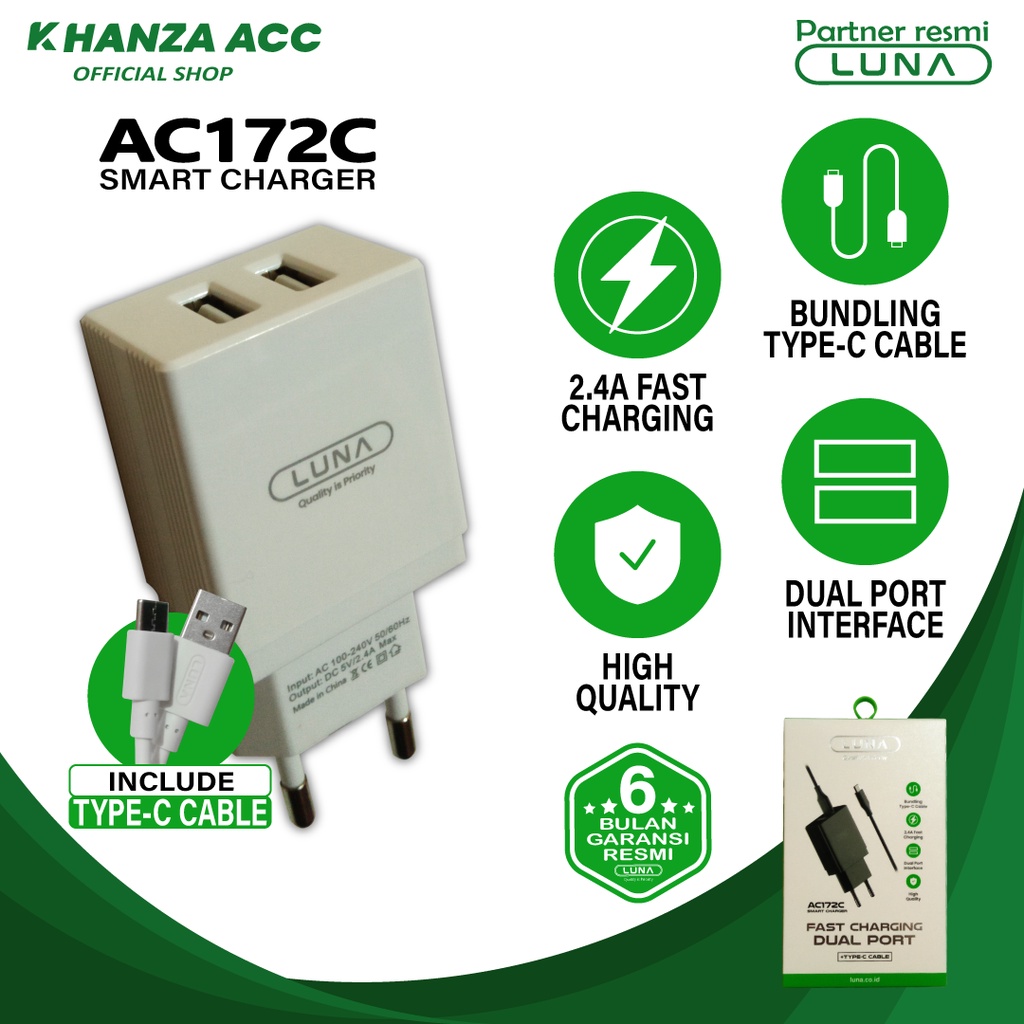 KHANZAACC Charger LUNA AC172M / AC172C Dual Output 2.4 Fast Charging Original