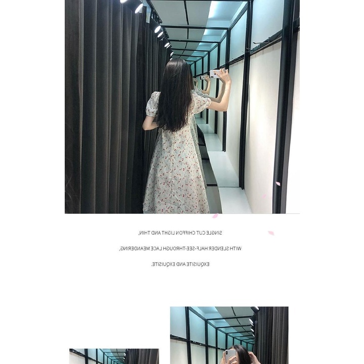 #Sisjuly# Wanita Baru Floral Temperamen French Dress Retro Peri Rok Square Neck Tipis Mid-Length Dre