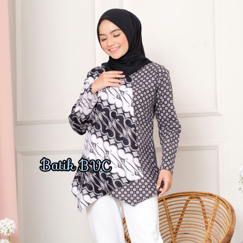 tey-17 Batik wanita ASJ SA HRB026 Kenongo Kemeja Tosca Pendek-Seno putih