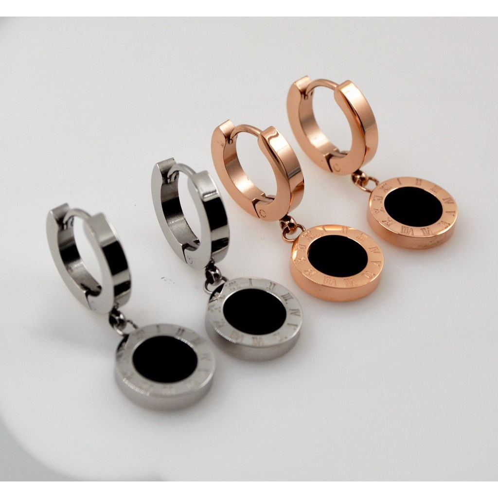 Anting Titanium Rose Gold Asli Wanita Fashion Anti Karat Murah AA003 Motif Bulat romawi hitam