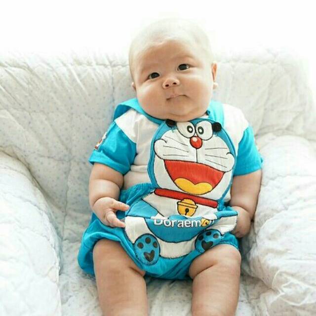 Romper Doraemon baju bayi lucu BAJU BAYI UNISEX DORAEMON ALLSIZE 2-12 BLN BAHAN KATUN LENGAN PENDEK