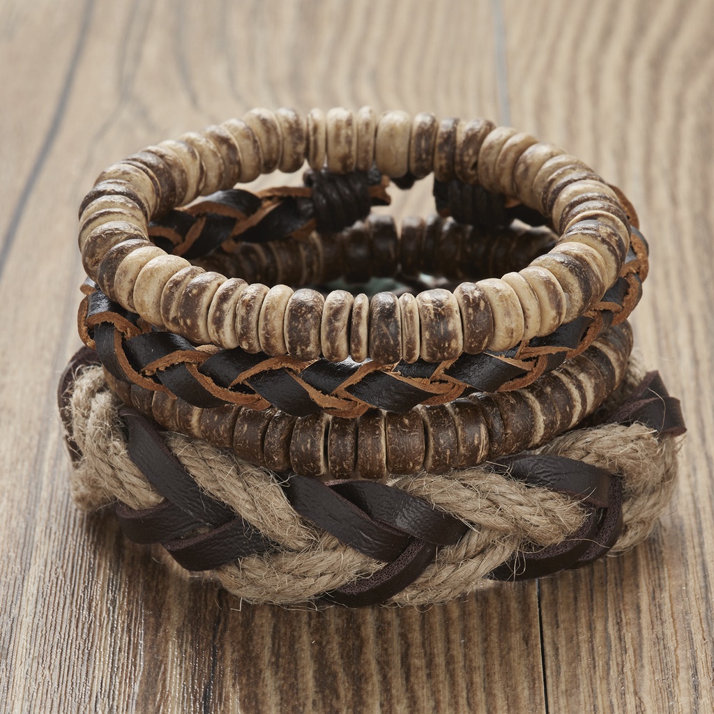 Men's Multilayer Braided Bracelet Feather Dot Cross Wrap Bracelet Leather Combination Bracelet Set