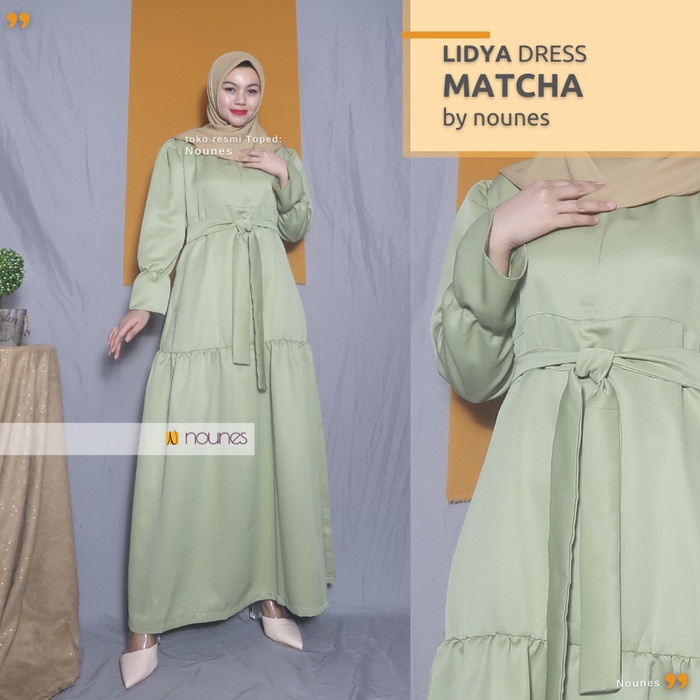 Hot Sale NOUNES LIDYA DRESS gamis maxmara lux polos saku kanan busui tali serut - MATCHA M