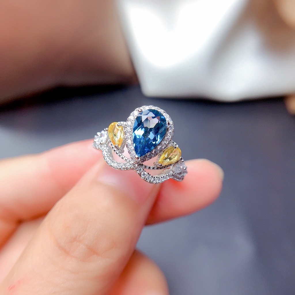 Cincin Model Terbuka Desain Mahkota Hias Topaz Biru Gaya Simple Untuk Wanita