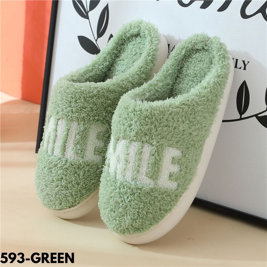 SANDAL SELOP WANITA PRIA MOTIF SMILE KEKINIAN HANGAT ADEM BAHAN OUTSOLE BULU-BULU IMPORT 593