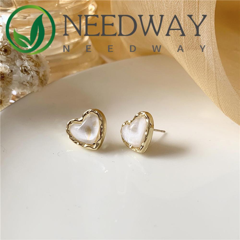 Needway  Wedding Peach Heart Jewelry Quicksand Small stud Earrings Party Transparent Gold Metal Black White Phnom Penh/Multicolor