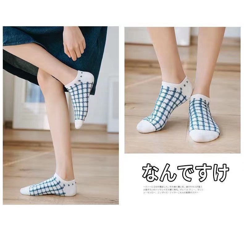 ☀ Sunly ☀ A106 Kaos Kaki Wanita Motif Kotak Biru Navy Fashion Korea Women Sock Import Murah