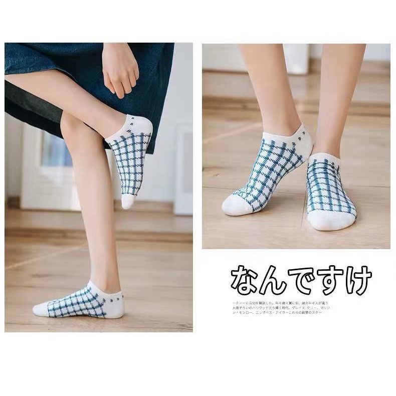 ♫ Megata ♫ A106 Kaos Kaki Wanita Motif Kotak Biru Navy Fashion Korea Women Sock Import Murah