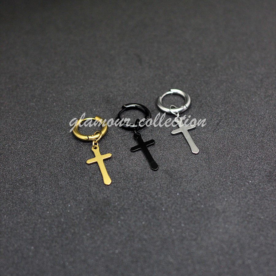 Anting Tindik Telinga Pria Titanium Model Bulat/Ring Bandul Salib Ala Kpop SILVER 10MM