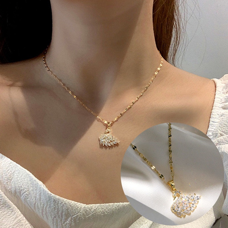 Kalung Titanium Angsa Berlian Wanita Anti Karat Emas 18k Swan Perhiasan Titanium Asli