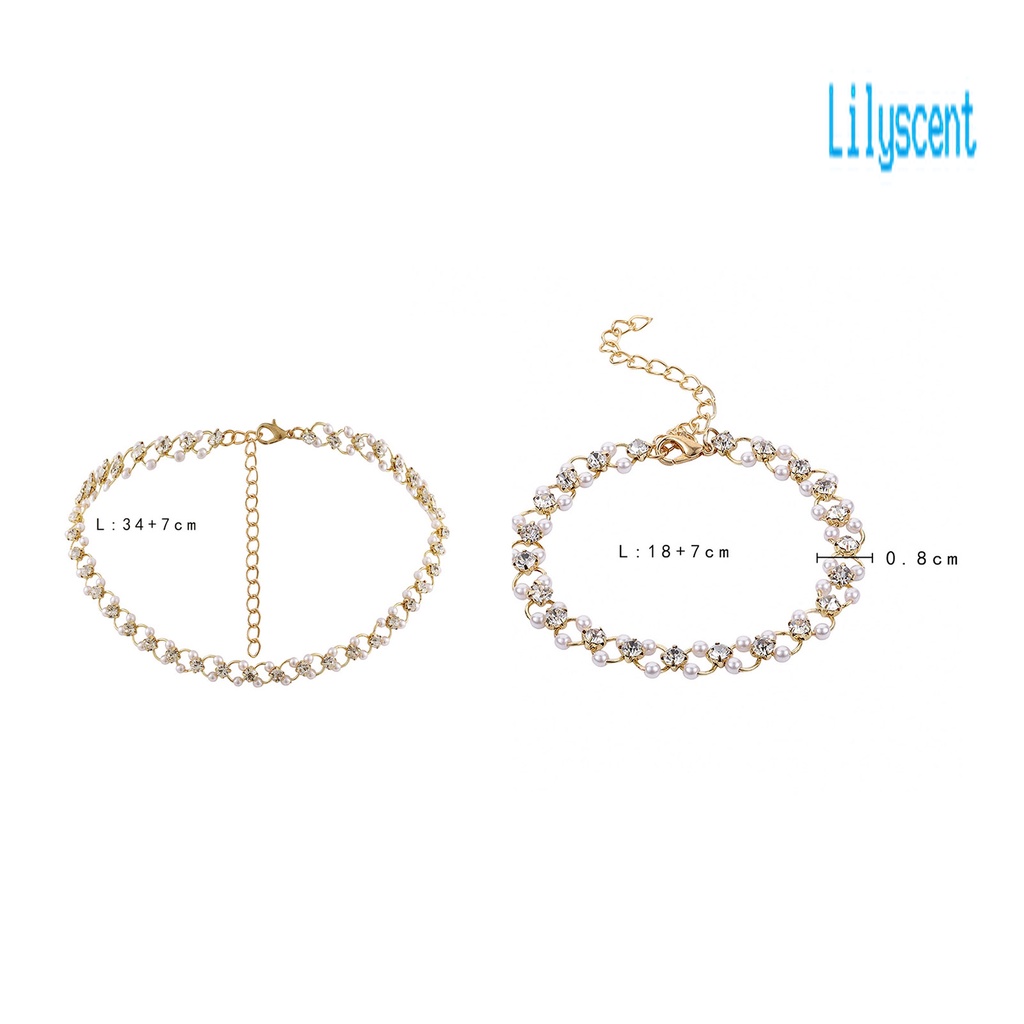 Lily Kalung Choker + Gelang Tangan Rantai Aksen Mutiara Imitasi + Cubic Zirconia Untuk Perhiasan Wanita