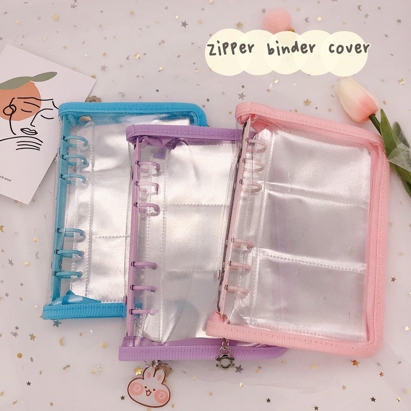 A6 A5 Zipper Binder Kpop Transparent Glitter Photocard Binder DIY Album Foto 6 Lubang Loose-Leaf Bag Organizer Notebook Stationery