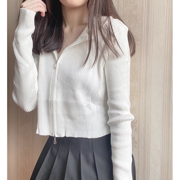 Rin Crop Top Knit Hoodie Zipper