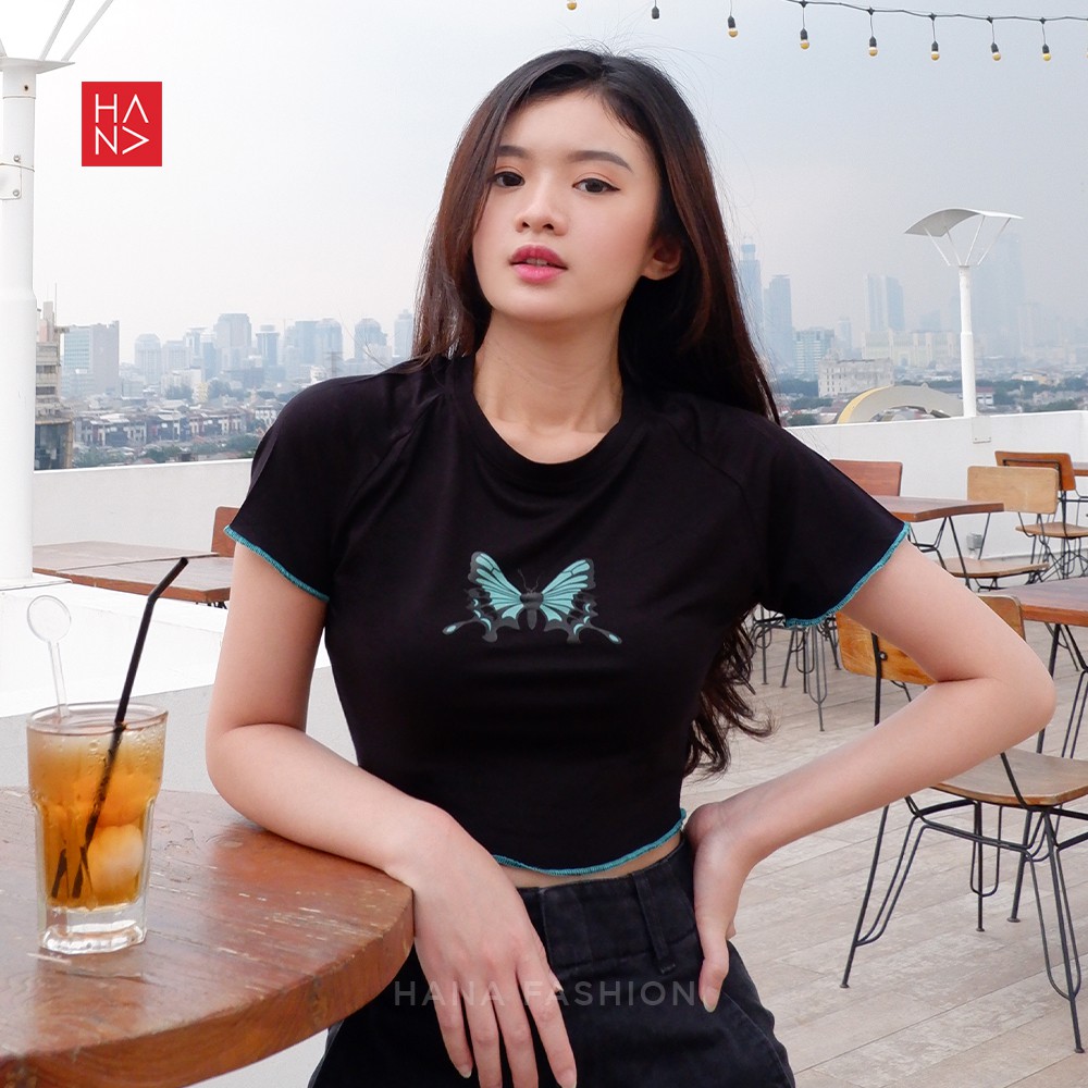 Hana Fashion - Mariposa Crop Top Kaos Butterfly Wanita - CT150