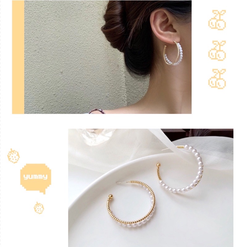 Anting S925 silver needle Bentuk C Ganda Aksen Mutiara Gaya Korea Untuk Musim Panas