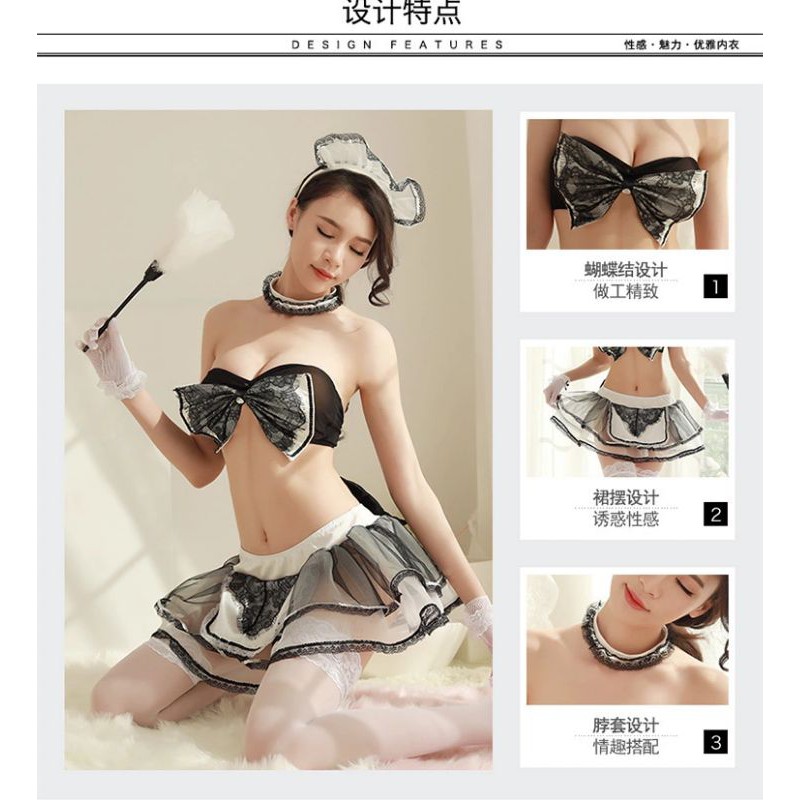 Cosplay Cute Sexy Maid Waitress Pelayan Set Lingerie Bra Rok Stocking Bando