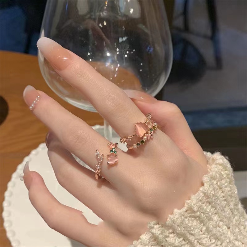 Cincin Jari Telunjuk Model Terbuka Lapisan Ganda Aksen Mutiara Berlian Imitasi Warna Pink Gaya Korea Untuk Wanita