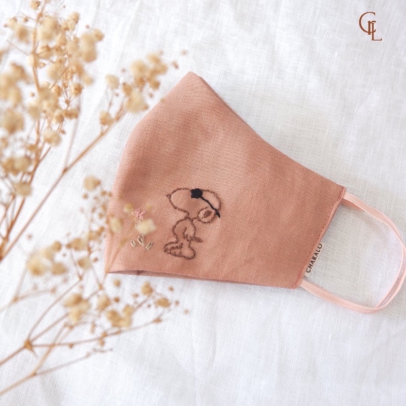 Masker Sulam Snoopy Kain Linen Warna Bata Charalo - Embroidery Mask