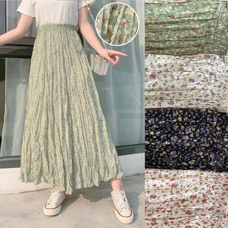 Korean Chiffon Flower Pleated Long Skirt Import Premium ( Rok Sifon Korea Prisket Panjang )