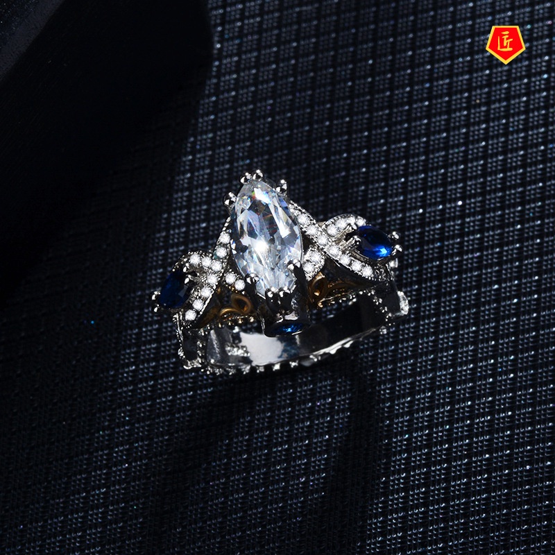 [Ready Stock]Inlaid Blue Gem Two-Tone Ring 18K Gold