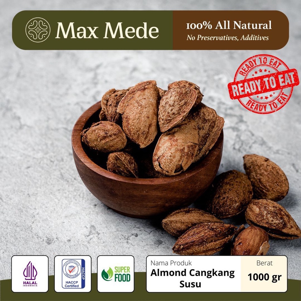 

Max Mede - Kacang Almond Cangkang Oven Panggang Rasa Butter Milk Susu 1KG / Premium Roasted Almond