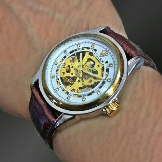 Jam Tangan Rolex Classic Skeleton Medium Kulit Cokelat Gold Putih