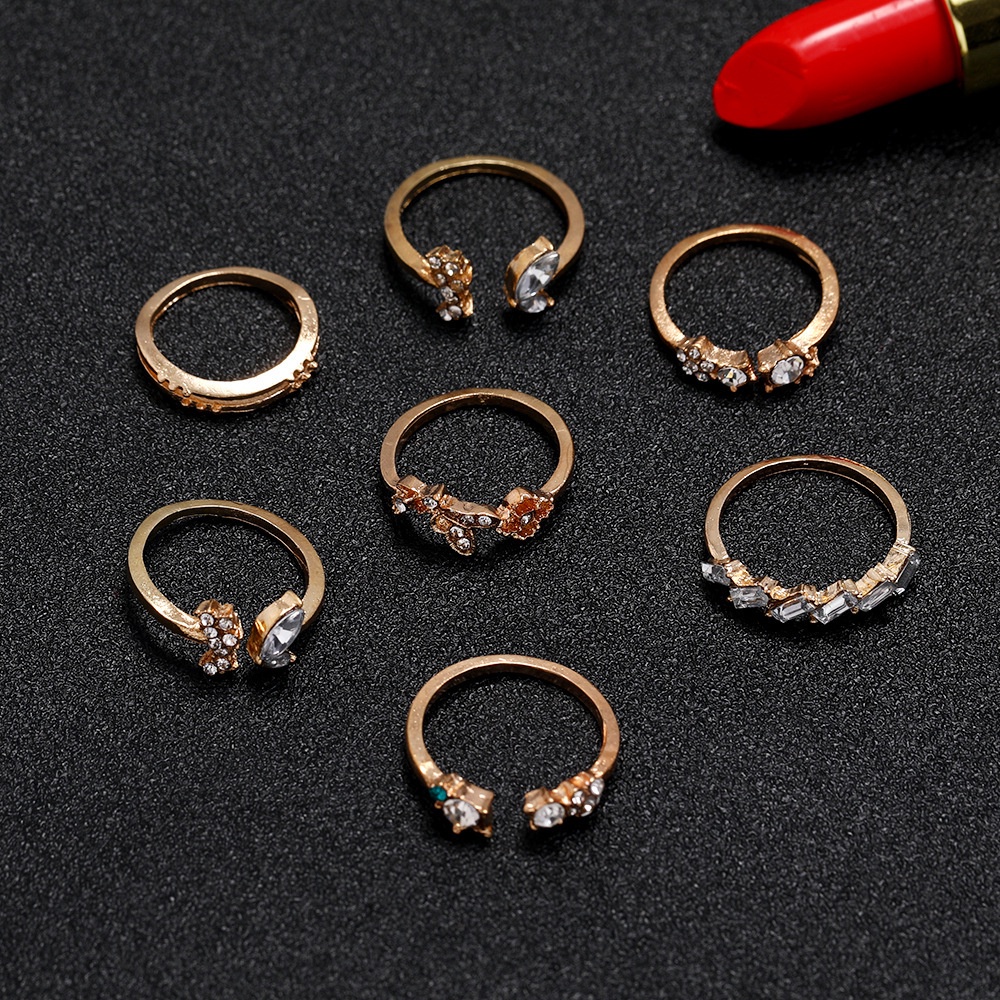 [ 7Pcs/Set Vintage Crystal Flower Butterfly Adjustable Open  Ring Set ][ Lovely Gifts Jewelry For Girl Friends  ]