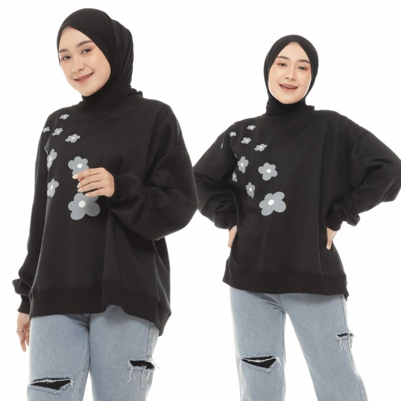 Sweater Oversize Wanita Flower Black