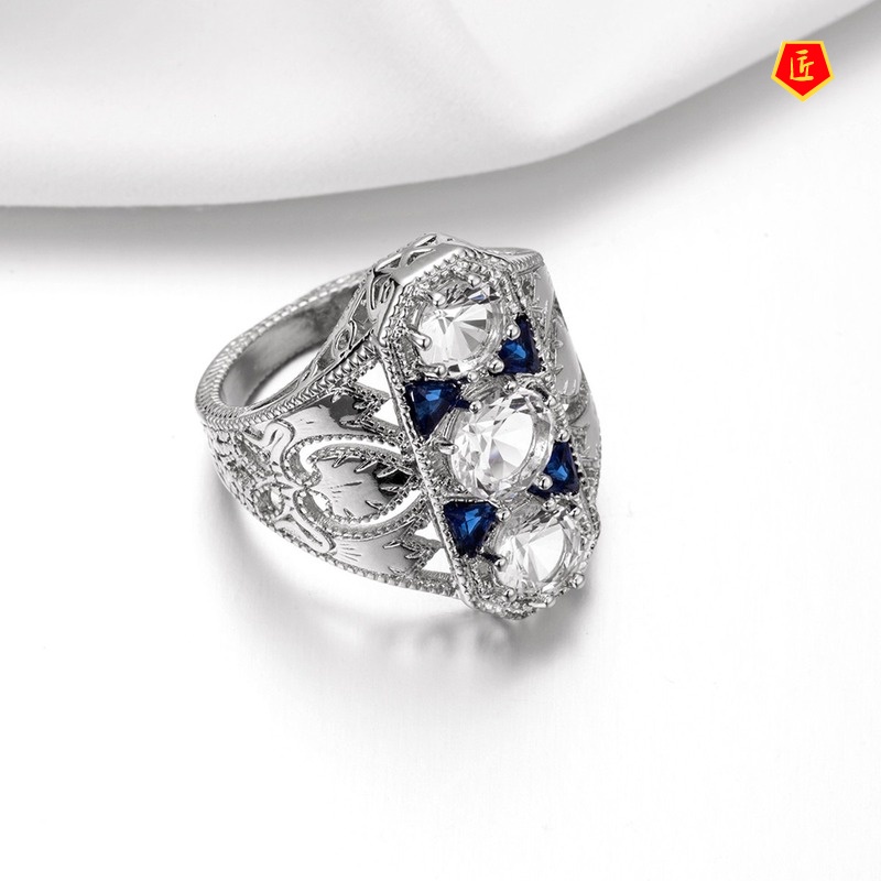 [Ready Stock]Luxury Topaz Sapphire Hollow Pattern Ring