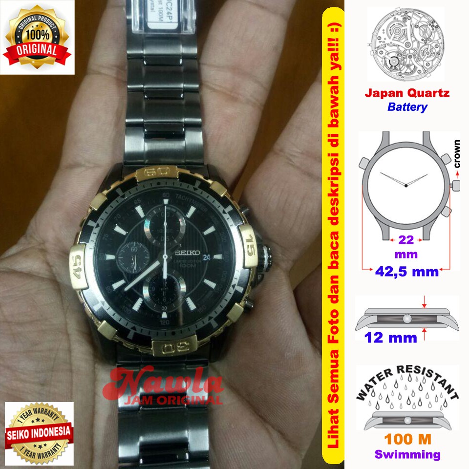 Seiko Quartz SNDC24P1 Chronograp Gold Coating Bezel | Jam Pria SNDC24