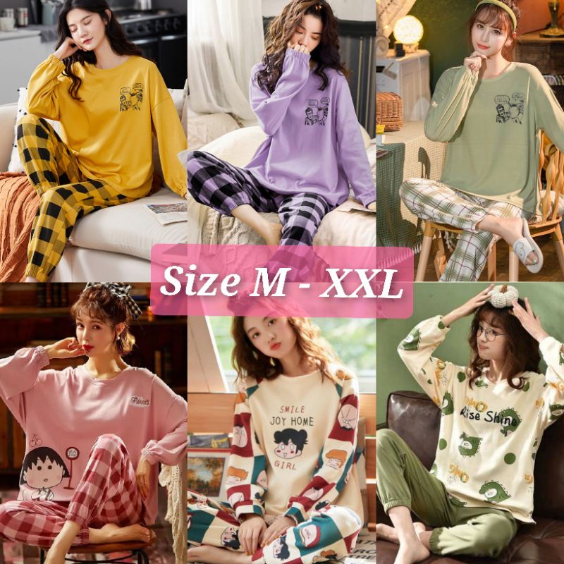 Baaju.id Set Piyama Wanita Import Baju Tidur Wanita Lengan Panjang Celana Panjang  Baju Tidur Joger KR1002