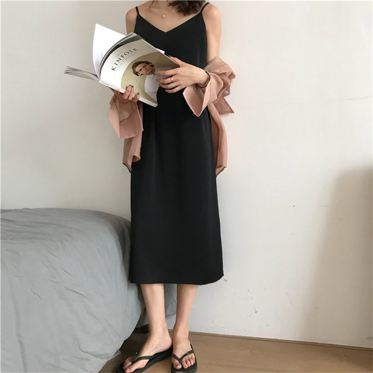 Long Dress V-Neck Model Longgar 2 Warna Gaya Korea