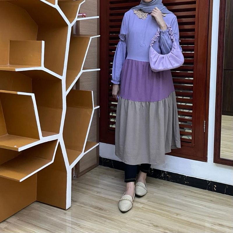 Midi Dress 3 Tone Renda Crinkle Premium | dress midi wanita