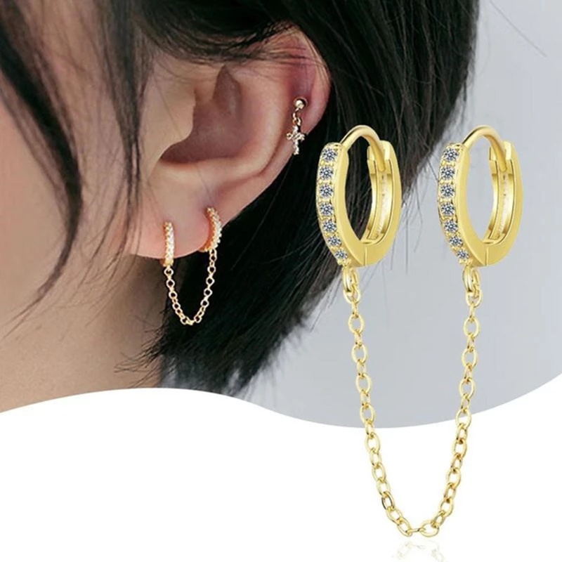 1 Pc Anting Tindik Model Cincin Ganda Bahan Zirkon Gaya Elegan Untuk Pria Dan Wanita