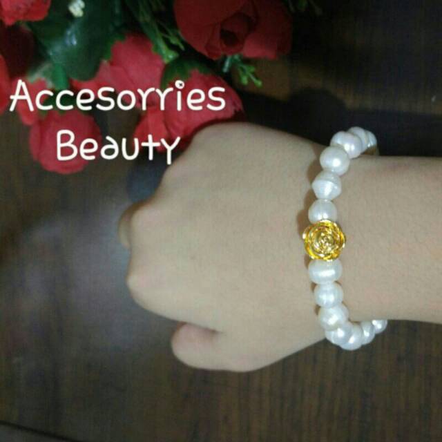 Gelang Mutiara Air Tawar Asli Spice Mawar Emas Hongkong