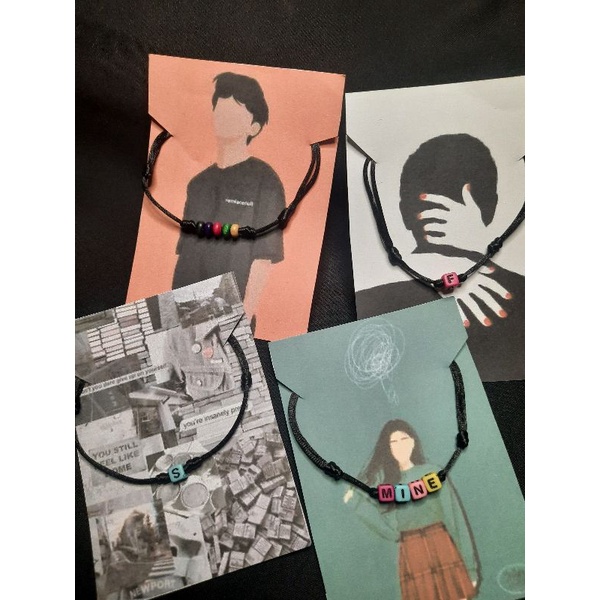 gelang tali custome nama, gelang tali hitam couple nama dan inisial, gelang benggel kayu